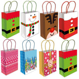 Set of colorful gift bags with various designs including a snowman, reindeer, and Christmas-themed patterns.