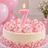 A round birthday cake with white frosting, pink and white piped swirls, pink sprinkles, and a glittery pink number 7 candle on top, photographed in a softly decorated party setting with pink balloons in the background.