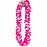A bright pink and white Hawaiian flower lei necklace with a small colorful product tag attached at the top, isolated on a white background.