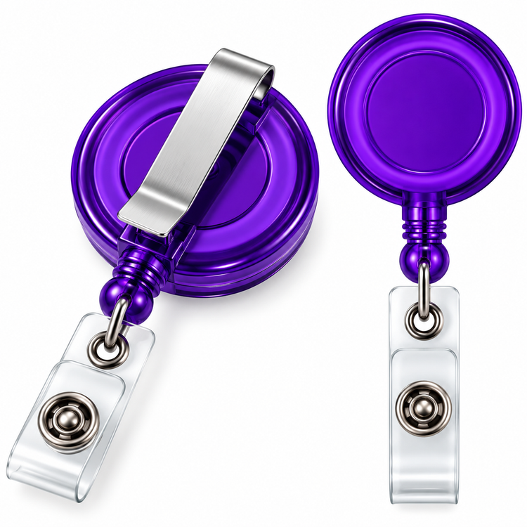 Two views of a purple and silver retractable badge reel with a clear plastic clip on a white background.