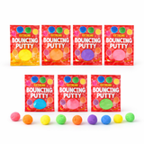 Assorted colors of bouncing putty with packaging on a white background