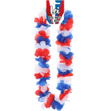 Red, white, and blue lei with packaging on a white background