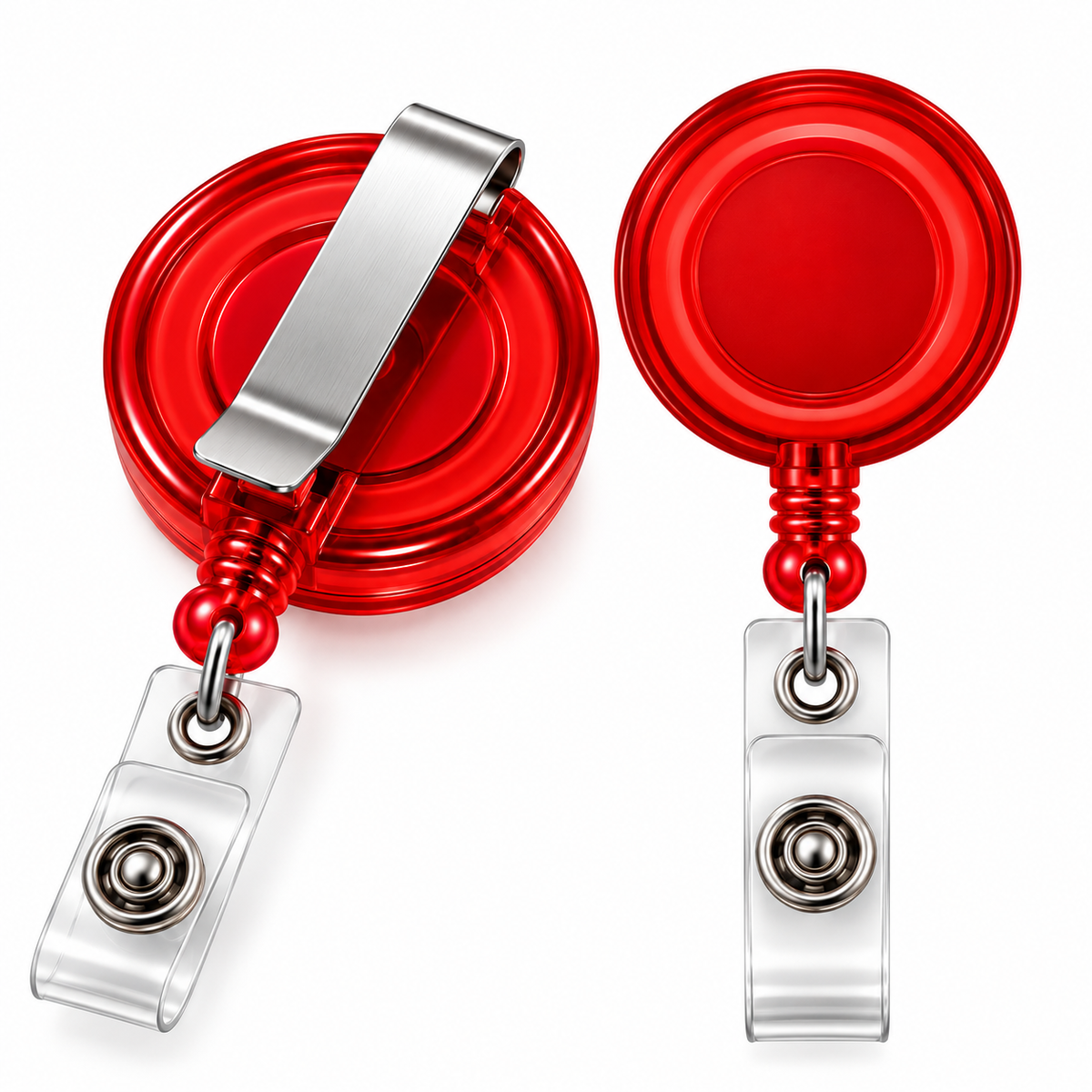 Two red retractable badge reel buckles shown on a white background, one displaying the front with a clear clip and the other showing the back with a silver metal clip.