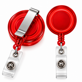 Two red retractable badge reel buckles shown on a white background, one displaying the front with a clear clip and the other showing the back with a silver metal clip.
