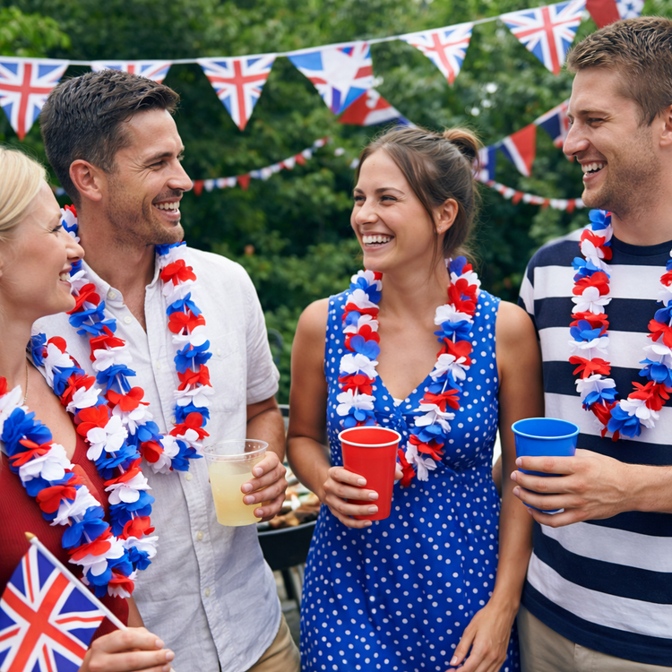 Group of people with red, white, and blue decorations and drinks, likely celebrating a festive occasion.