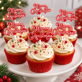 Merry Christmas Cake Topper Decoration Red & White Yule Log Cupcake Festive Sign