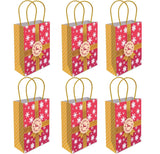 Set of six small gift bags with red and gold ribbons and snowflakes on a white background