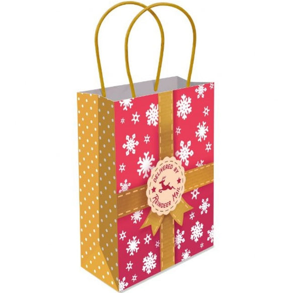 Gift bag with red and gold design featuring snowflakes and a bow, on a white background.