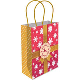 Gift bag with red and gold design featuring snowflakes and a bow, on a white background.