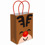 A brown paper gift bag with red handles, decorated with a Rudolph the Red-Nosed Reindeer face design on the front, shown on a plain white background.