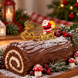 A Christmas-themed chocolate log cake decorated with white frosting swirls, powdered sugar, holly, red berries, small mushrooms, and a gold reindeer ornament carrying a Santa Claus figure, set on a wooden board with a warm festive background.