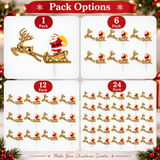 A product options graphic showing four Christmas-themed stick decorations: 1 pack with a gold reindeer and Santa, 6 pack, 12 pack, and 24 pack, all on white cards with a red banner reading 'Pack Options' and a festive blurred holiday background.