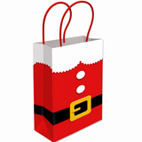 A red and white paper gift bag designed to look like Santa's suit, featuring a black belt with a gold buckle and two red paper handles, shown on a plain white background.