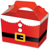 Red gift box with a handle, white buttons, and a black belt with a gold buckle on a white background.