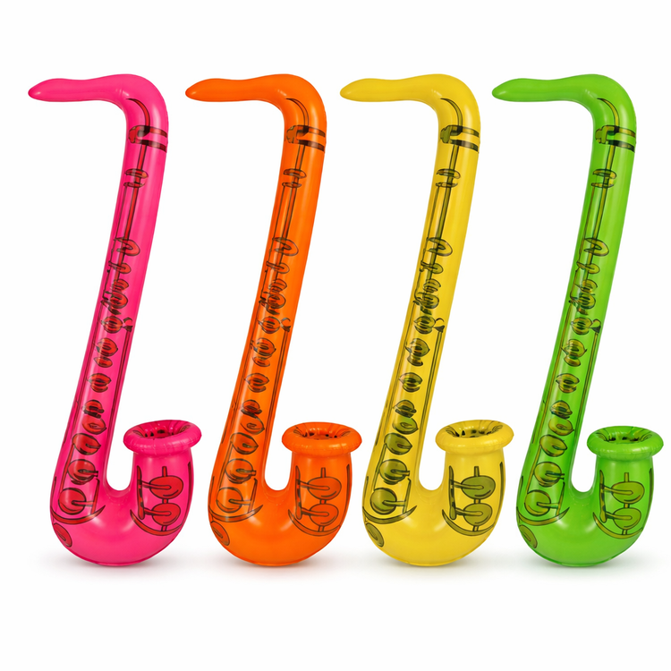 Set of four colorful inflatable saxophones on a white background
