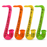 Set of four colorful inflatable saxophones on a white background