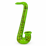 Green inflatable saxophone toy on a white background