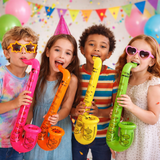 Four children playing inflatable saxophones with colorful balloons and streamers in the background
