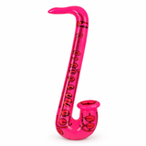 Inflatable pink saxophone toy on a white background