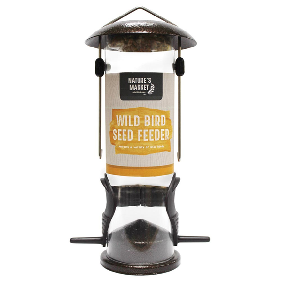Metal bird seed feeder in brown