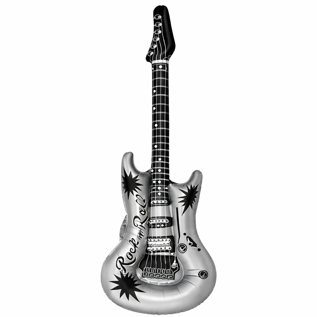 Inflatable guitar with 'Rock and Roll' text on a white background