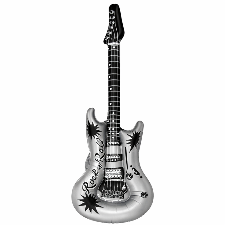 Inflatable guitar with 'Rock and Roll' text on a white background