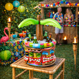 Colorful ice bucket with drinks on a wooden stool in a festive outdoor setting.