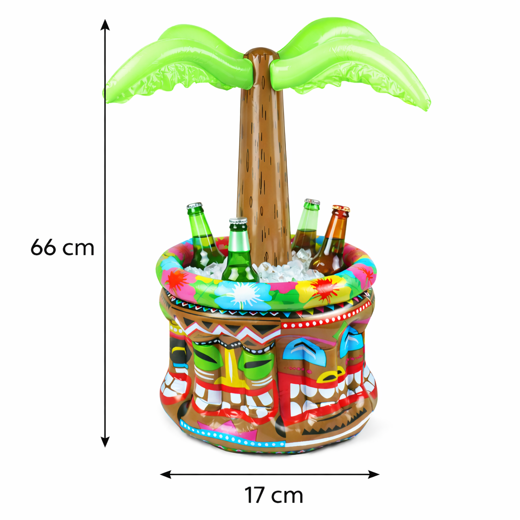 Colorful inflatable tiki mug with palm tree design, beer bottles, and ice, showing dimensions on a white background.
