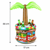 Colorful inflatable tiki mug with palm tree design, beer bottles, and ice, showing dimensions on a white background.