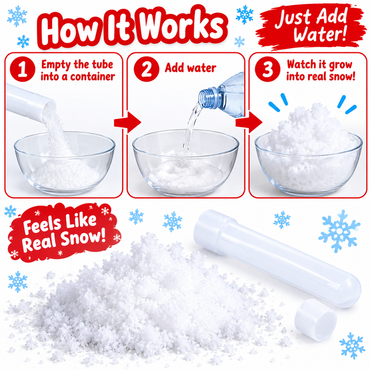 Instructional graphic showing how to use a clear plastic tube to make fake snow. The top panel has three steps with text: 'Empty the tube into a container,' 'Add water,' and 'Watch it grow into real snow!' The bottom panel shows a pile of white faux snow and the empty tube with its cap off on a white background with snowflake decorations.