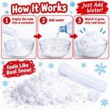 Instructional graphic showing how to use a clear plastic tube to make fake snow. The top panel has three steps with text: 'Empty the tube into a container,' 'Add water,' and 'Watch it grow into real snow!' The bottom panel shows a pile of white faux snow and the empty tube with its cap off on a white background with snowflake decorations.