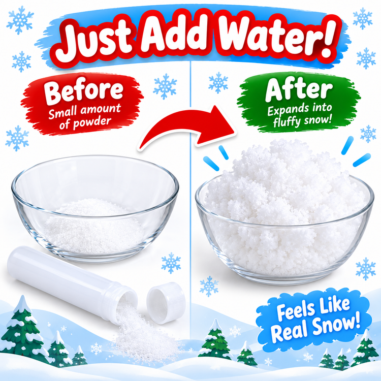 A promotional graphic showing a white powder product in two glass bowls, with text reading 'Just Add Water!' and 'Before' vs 'After' demonstrating expansion into fluffy snow. A white cylindrical tube is also shown with powder spilled out.