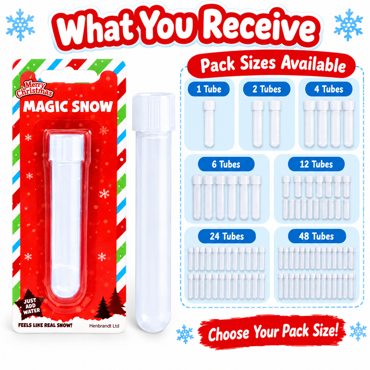 A product listing graphic showing a clear plastic tube in retail packaging on the left and a larger loose tube in the center, alongside a size chart on the right labeled for pack sizes from 1 to 48 tubes. Large text at the top reads 'What You Receive' and a banner at the bottom says 'Choose Your Pack Size!'.
