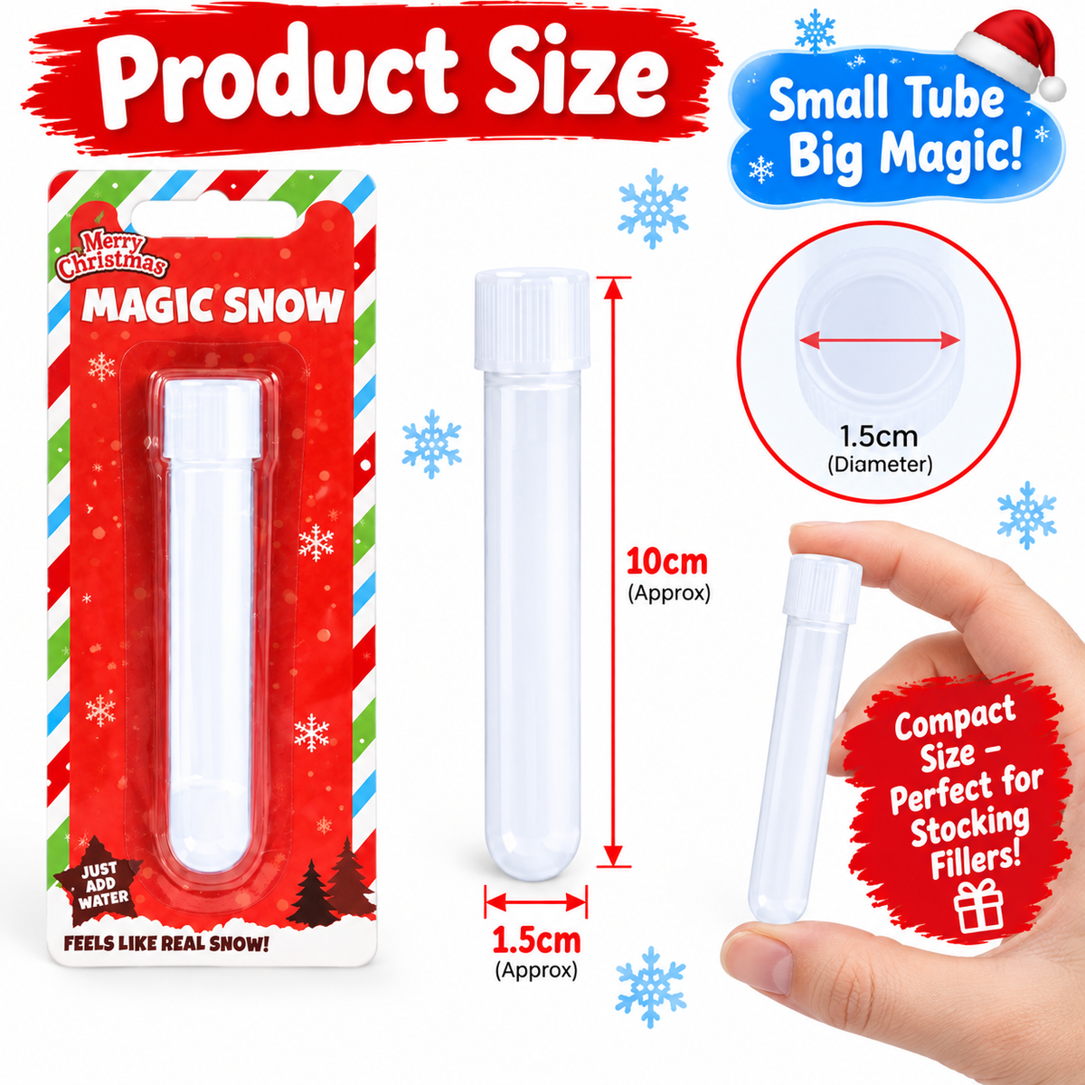 A product size infographic for a small clear plastic tube filled with magic snow. The image shows the tube in its red holiday retail packaging on the left, a standalone tube in the center with red dimension lines indicating 10 cm height and 1.