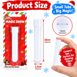 A product size infographic for a small clear plastic tube filled with magic snow. The image shows the tube in its red holiday retail packaging on the left, a standalone tube in the center with red dimension lines indicating 10 cm height and 1.