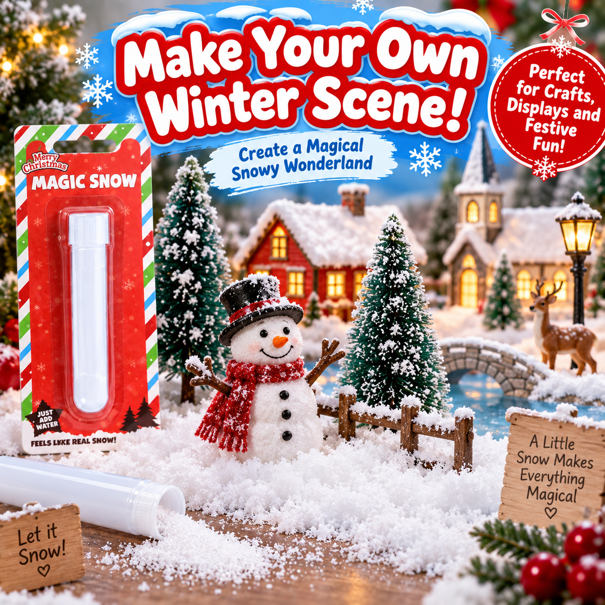 A festive holiday craft kit labeled 'Magic Snow' shown in its red blister packaging alongside loose white powder and a rolled tube, set in a snowy village diorama with a snowman, trees, and small houses. Large promotional text reads 'Make Your Own Winter Scene!' and 'Create a Magical Snowy Wonderland.