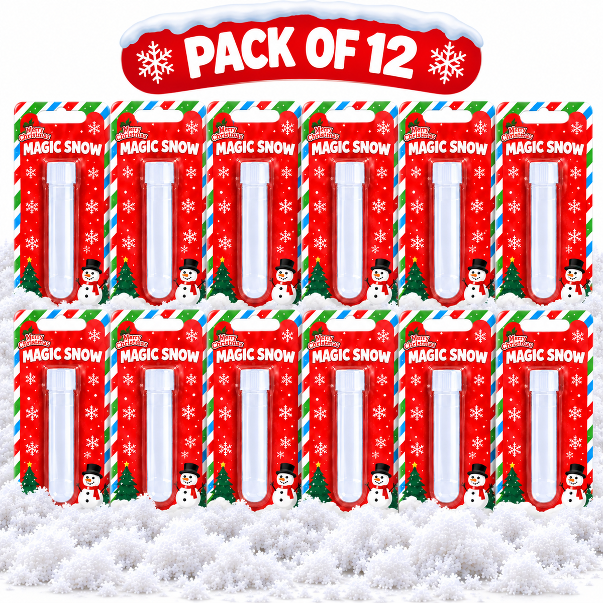 Twelve packaged 'Magic Snow' novelty items arranged in two rows on a white snowy surface, with a red 'PACK OF 12' banner above. Each package is red with snowflake patterns, candy cane stripes, and snowman illustrations.