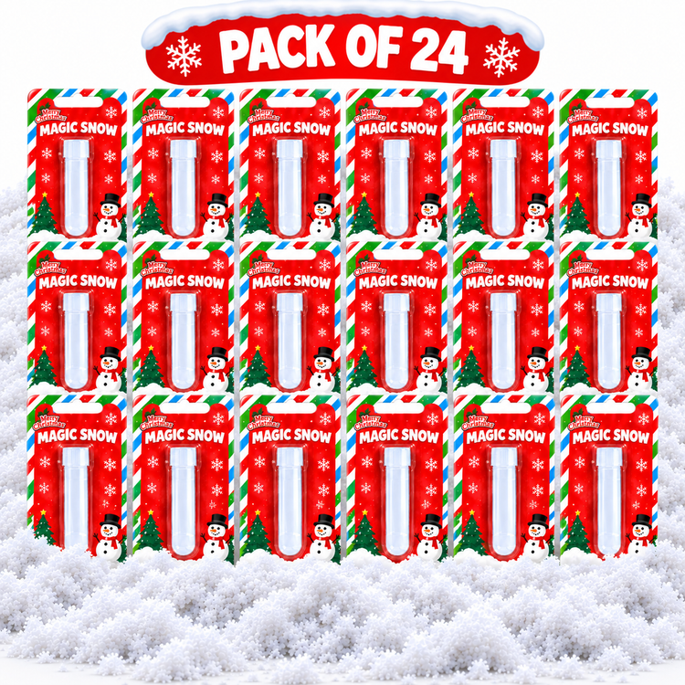 A pack of 24 Magic Snow winter-themed products arranged in a grid on a snowy white background, with a red header banner at the top reading 'PACK OF 24'. Each item is in a red holiday card-style package decorated with snowflakes, snowmen, Christmas trees, candy canes, and the Magic Snow brand name.