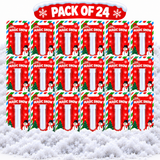 A pack of 24 Magic Snow winter-themed products arranged in a grid on a snowy white background, with a red header banner at the top reading 'PACK OF 24'. Each item is in a red holiday card-style package decorated with snowflakes, snowmen, Christmas trees, candy canes, and the Magic Snow brand name.