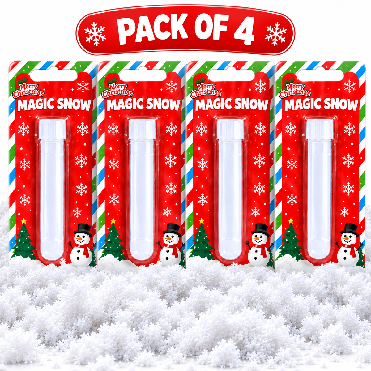 Four packs of Magic Snow toy snow tubes arranged in a row, with a red 'PACK OF 4' banner at the top and white faux snow at the bottom. Each package is red with holiday snowflake and candy cane designs.