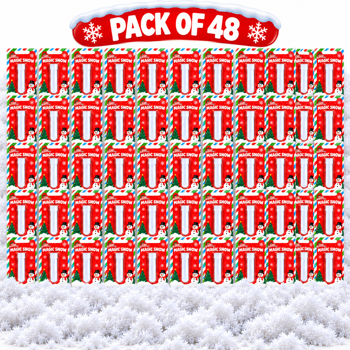 A pack of 48 Christmas-themed gift tags or labels, arranged in a grid. Each tag features a red background with white text reading 'MAGIC SNOW', a white gift box illustration, and holiday illustrations including snowmen, candy canes, and pine trees.