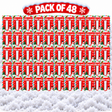 A pack of 48 Christmas-themed gift tags or labels, arranged in a grid. Each tag features a red background with white text reading 'MAGIC SNOW', a white gift box illustration, and holiday illustrations including snowmen, candy canes, and pine trees.