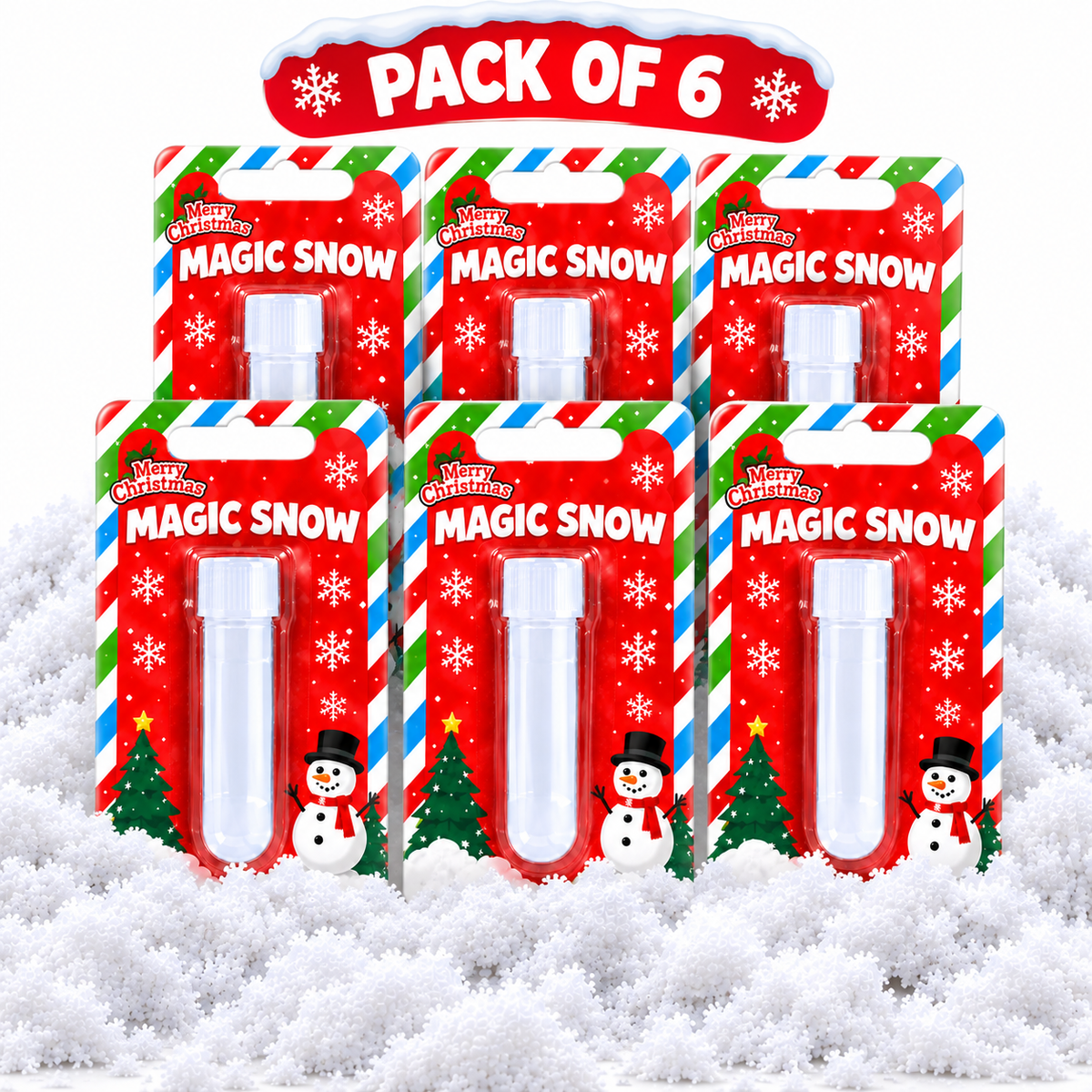Six packaged tubes of 'Merry Christmas! Magic Snow' arranged in two rows on a white snowy surface, with a red 'PACK OF 6' banner above them.