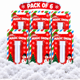 Six packaged tubes of 'Merry Christmas! Magic Snow' arranged in two rows on a white snowy surface, with a red 'PACK OF 6' banner above them.