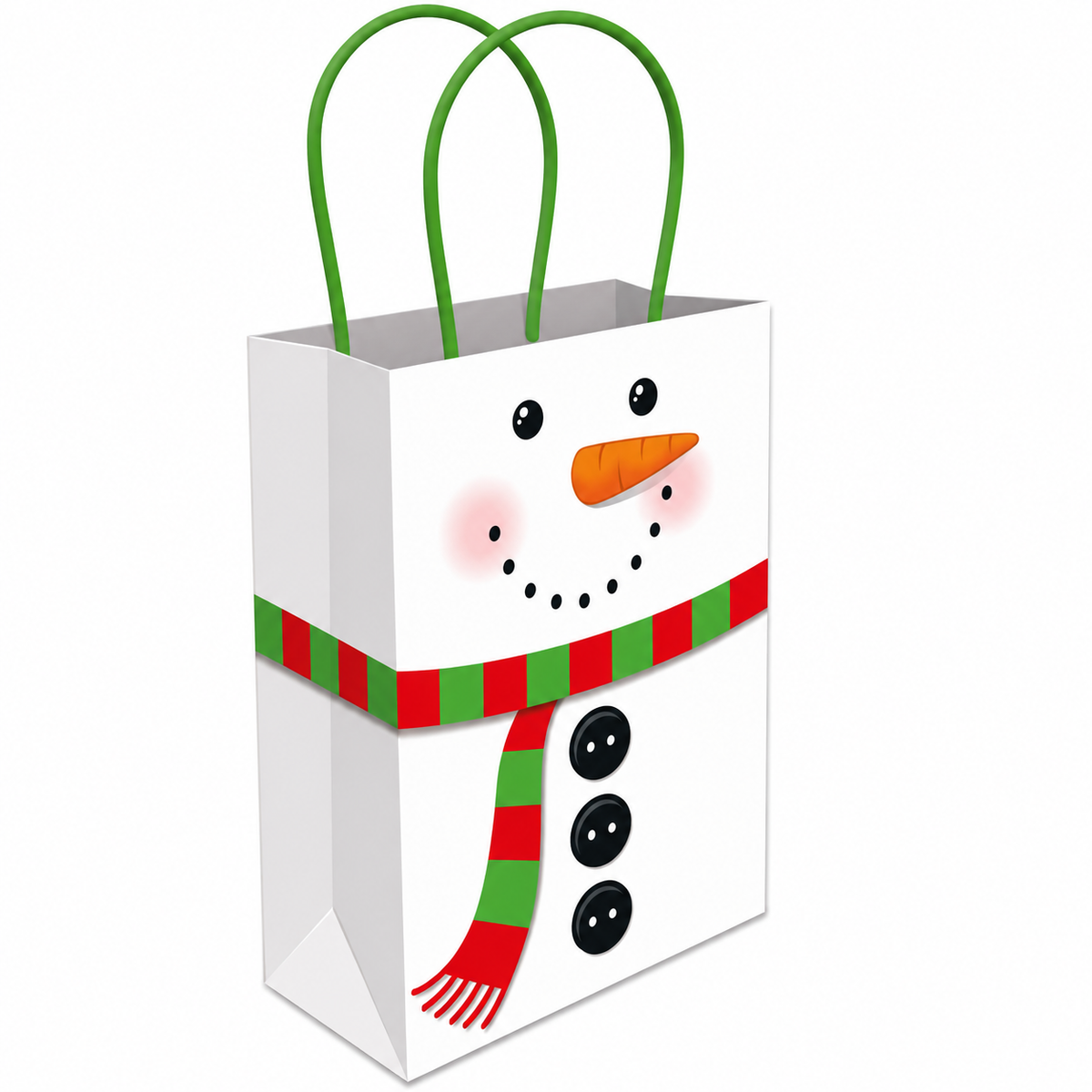 A white paper gift bag with a snowman face and a red and green striped scarf, featuring green paper handles, shown on a plain white background.