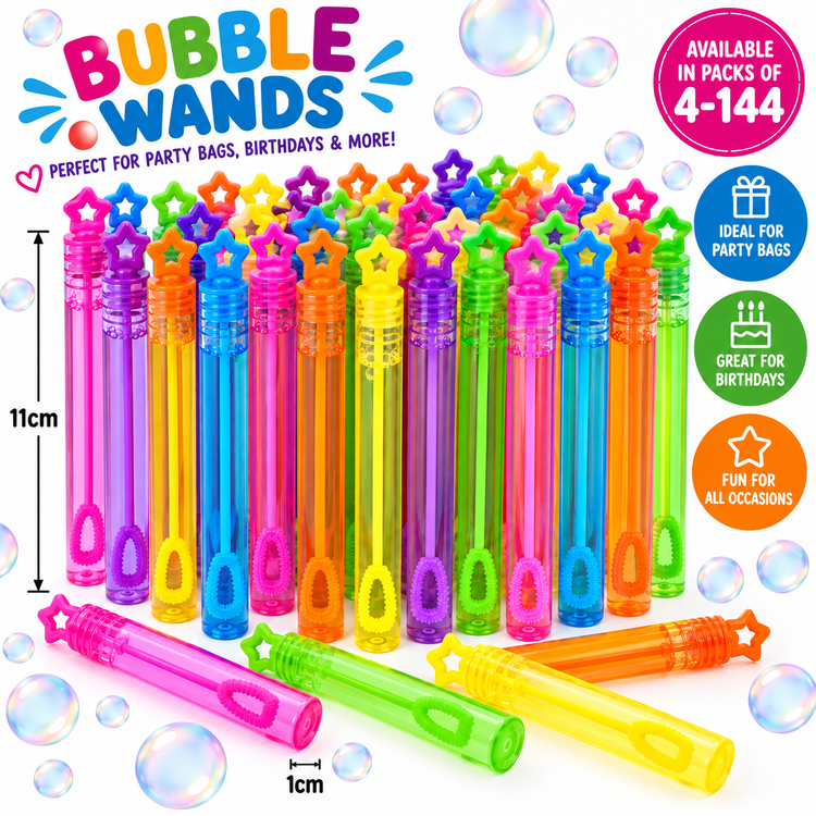 A set of colorful plastic bubble wands with star-shaped tops, shown in multiple bright neon colors on a white background with floating bubbles. The image includes promotional text, pack size information, and size callouts.