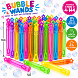 A set of colorful plastic bubble wands with star-shaped tops, shown in multiple bright neon colors on a white background with floating bubbles. The image includes promotional text, pack size information, and size callouts.