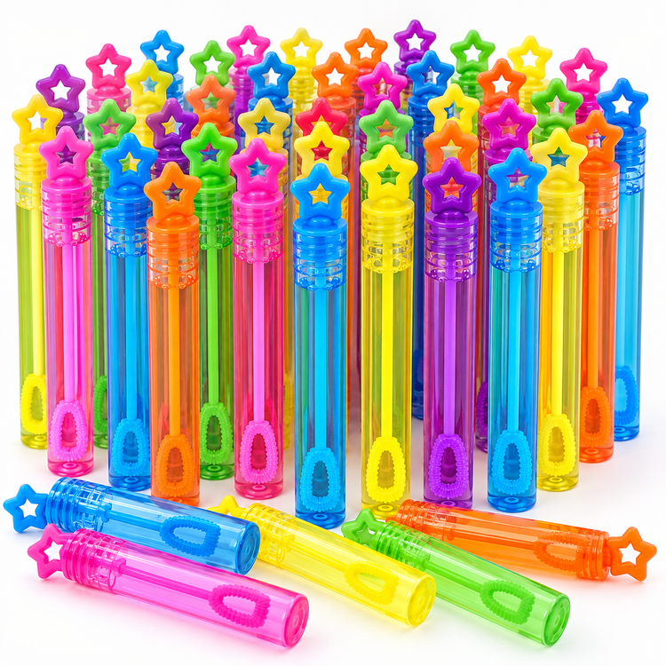 A bulk set of colorful plastic bubble wands arranged in rows on a white background, with several wands placed in front. Each wand has a star-shaped top and a translucent body in bright neon colors including pink, blue, yellow, green, orange, and purple.