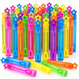 A bulk set of colorful plastic bubble wands arranged in rows on a white background, with several wands placed in front. Each wand has a star-shaped top and a translucent body in bright neon colors including pink, blue, yellow, green, orange, and purple.