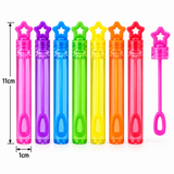 Seven translucent plastic bubble wand tubes in rainbow colors lined up on a white background, with one pink wand and bubble brush shown to the right. Black measurement lines and text indicate 11 cm length and 1 cm bubble size.